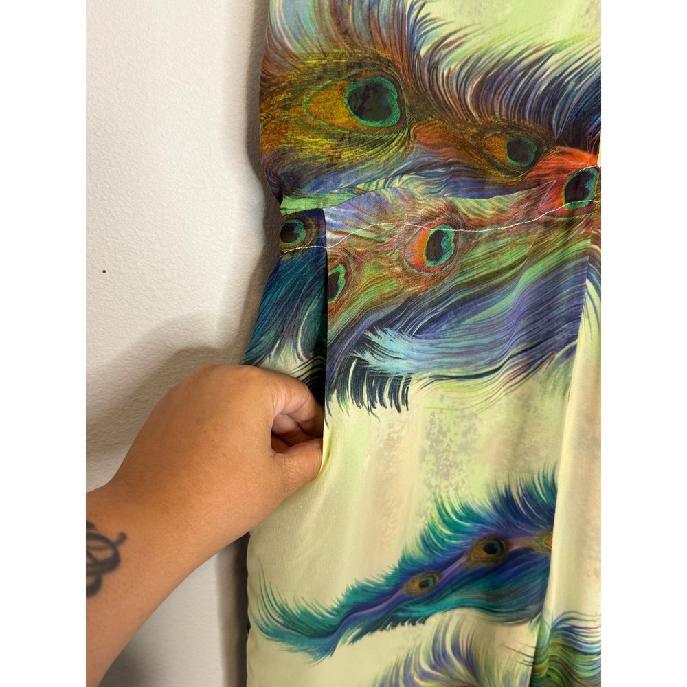 Meghan LA Peacock Feather Print Wide Leg Jumpsuit Green Blue Medium - Picture 6 of 8